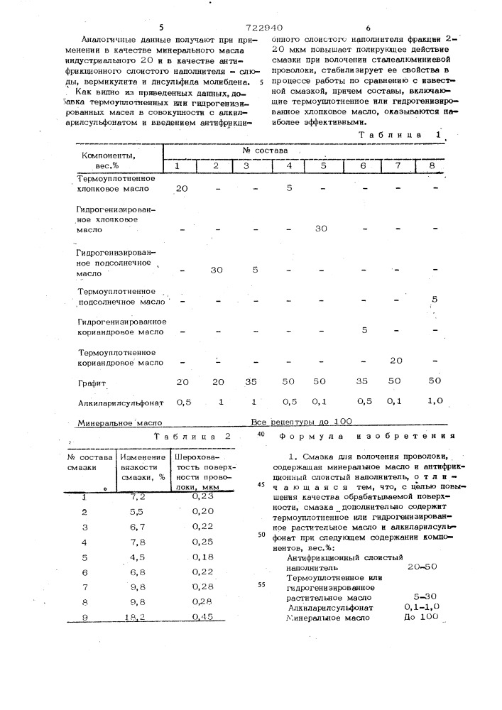 Смазка для волочения проволоки (патент 722940)