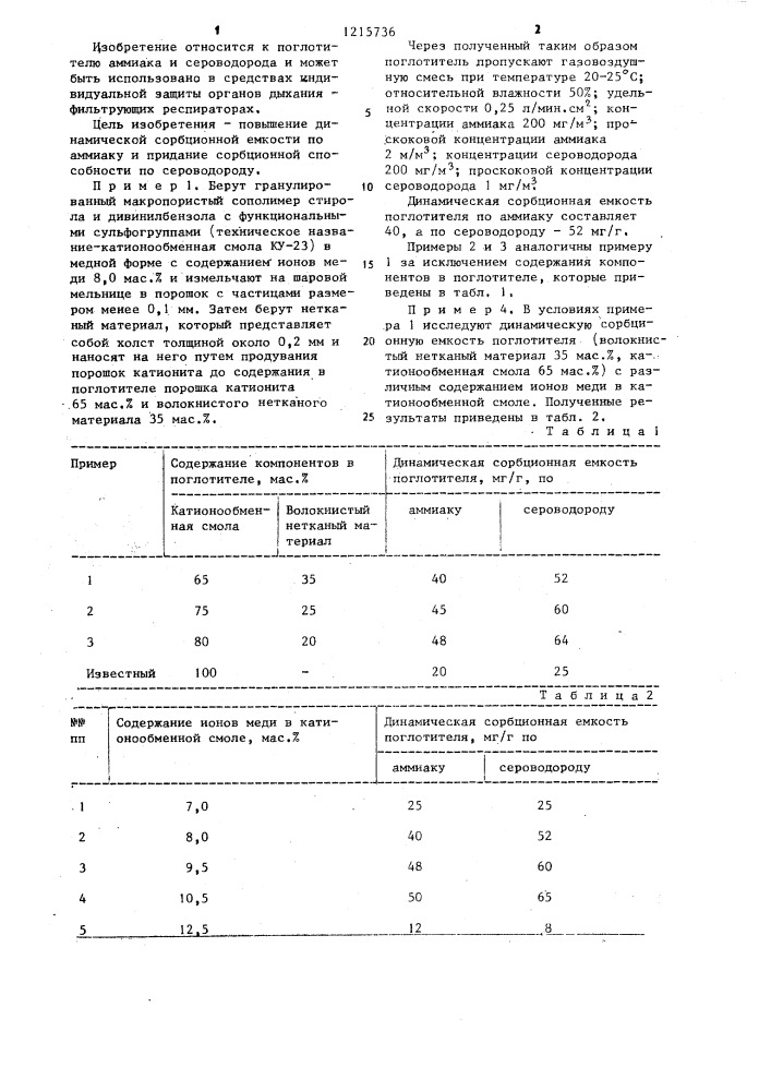 Поглотитель аммиака (патент 1215736)