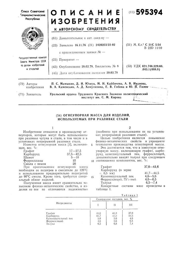 Огнеупорная масса (патент 595394)