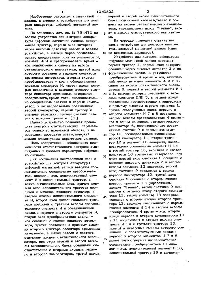 Устройство для контроля аппаратуры цифровой магнитной записи (патент 1040522)