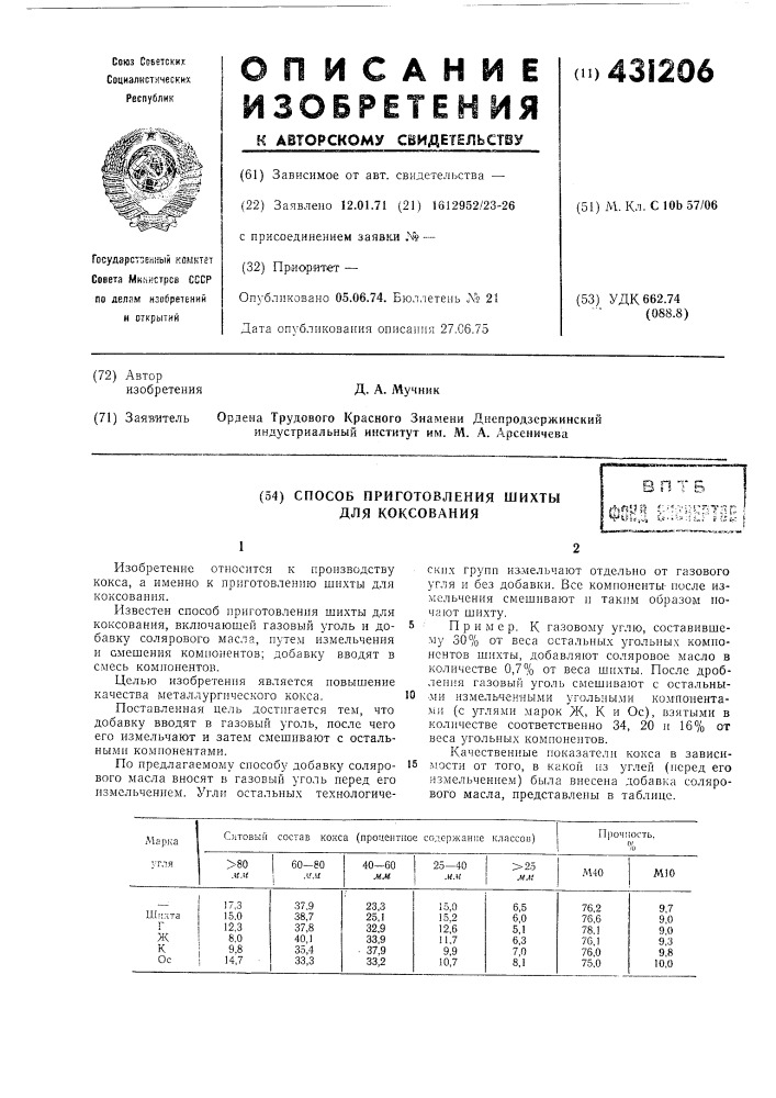 Способ приготовления шихты для коксованиявпт5 а«м;? f^^^v5;; s::^t;ii:h^witiji s.i'.^^:l г„; v ;jfc: ( (патент 431206)