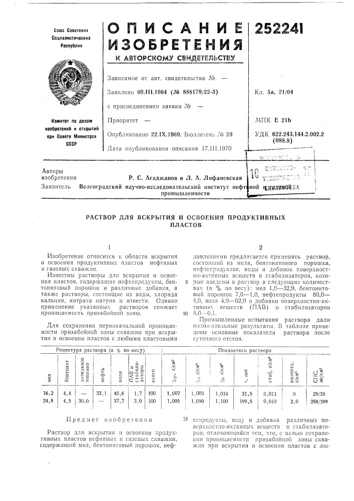 Раствор для вскрытия и освоения продуктивныхпластов (патент 252241)