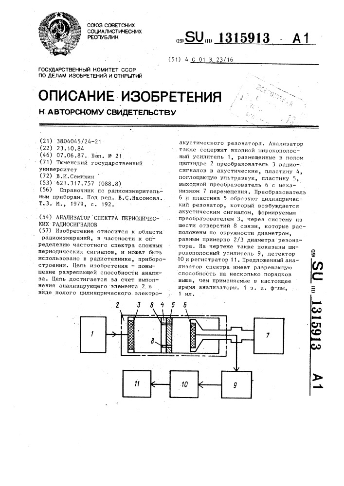 Анализатор спектра периодических радиосигналов (патент 1315913)