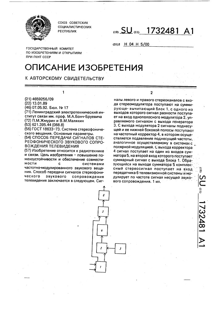 Способ передачи сигналов стереофонического звукового сопровождения телевидения (патент 1732481)