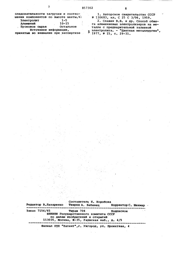 Способ обжига подины алюминиевого электролизера после капитального ремонта (патент 857302)