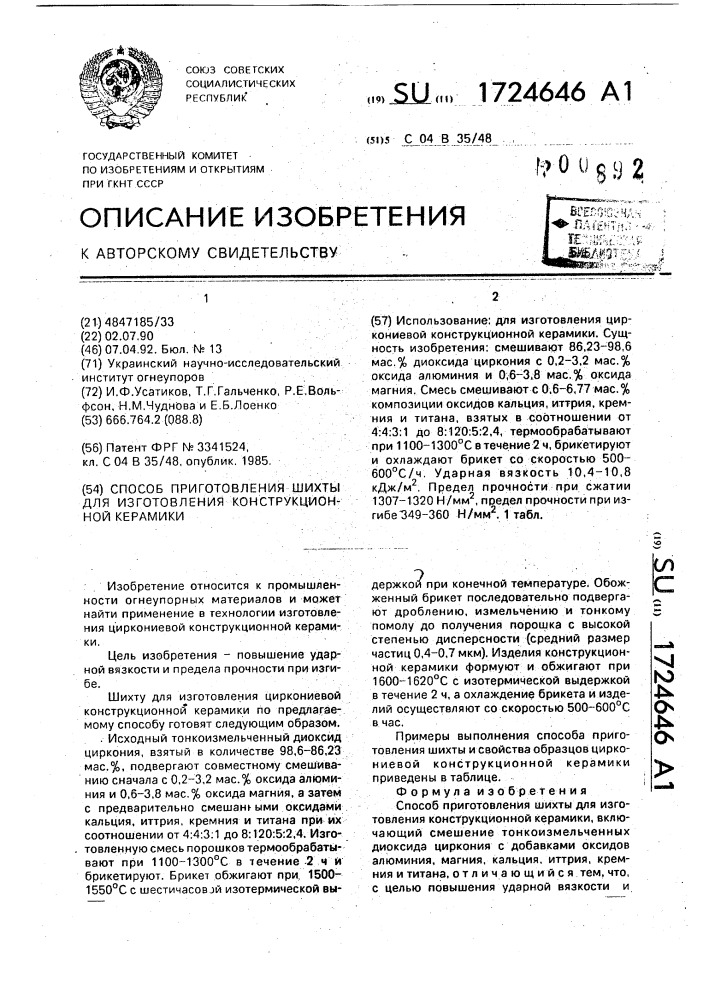 Способ приготовления шихты для изготовления конструкционной керамики (патент 1724646)