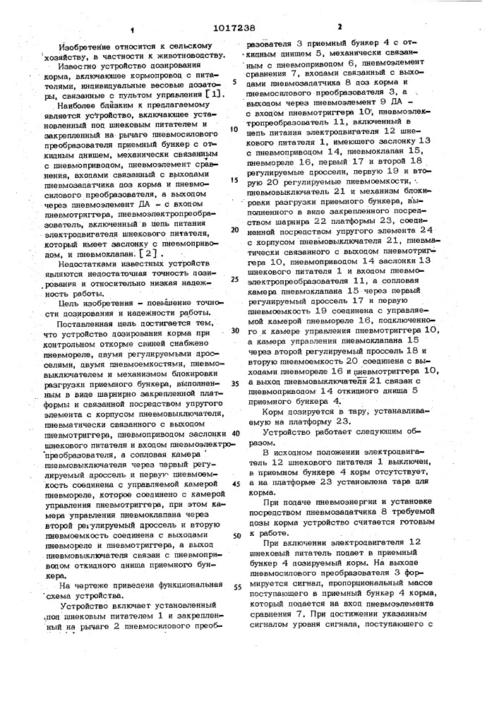 Устройство дозирования корма при контрольном откорме свиней (патент 1017238)