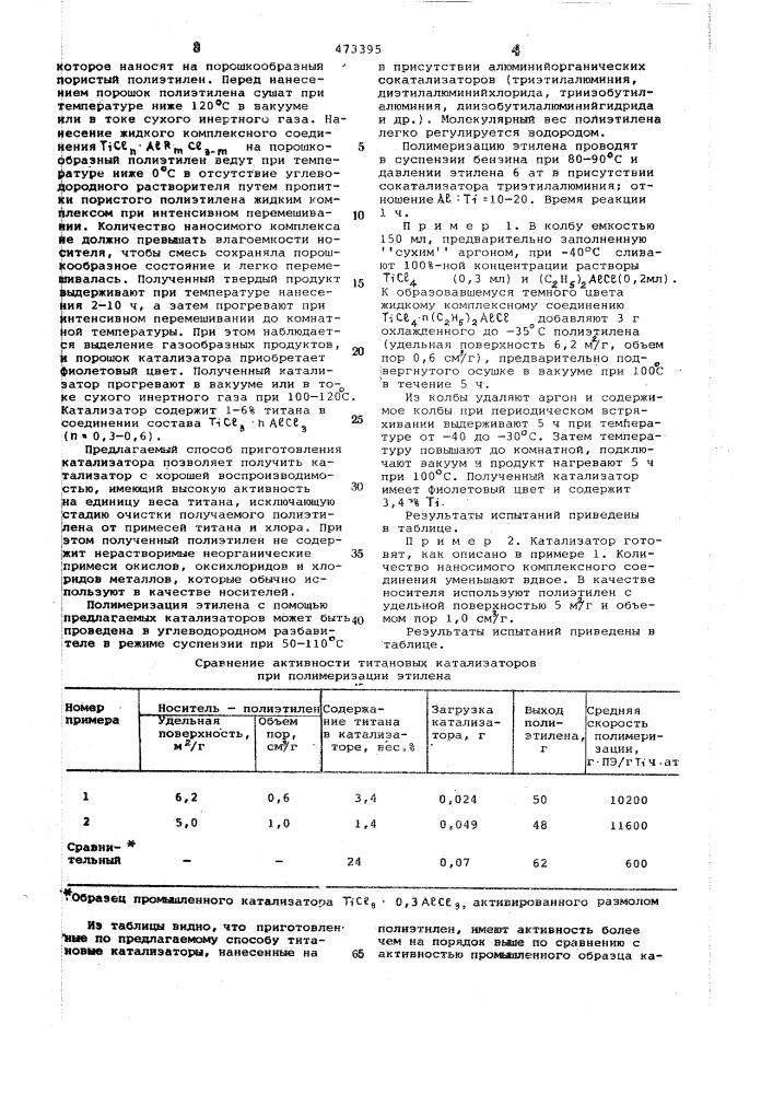 Способ получения нанесенных титановых катализаторов для полимеризации этилена (патент 473395)