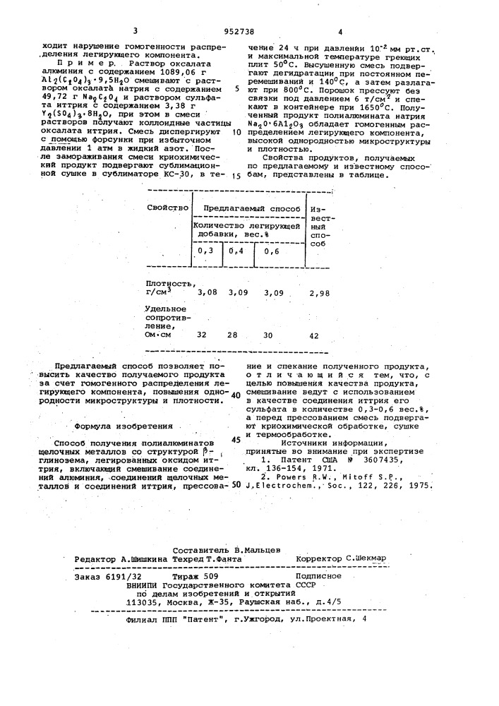 Способ получения полиалюминатов щелочных металлов со структурой @ -глинозема,легированных оксидом иттрия (патент 952738)