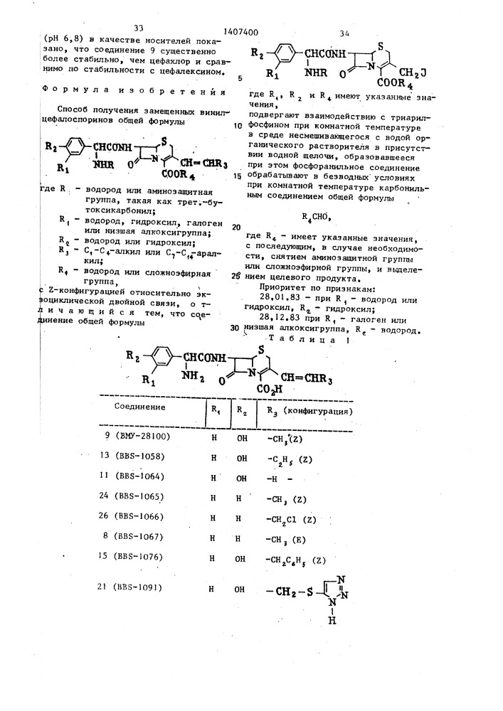 Способ получения замещенных винилцефалоспоринов (патент 1407400)