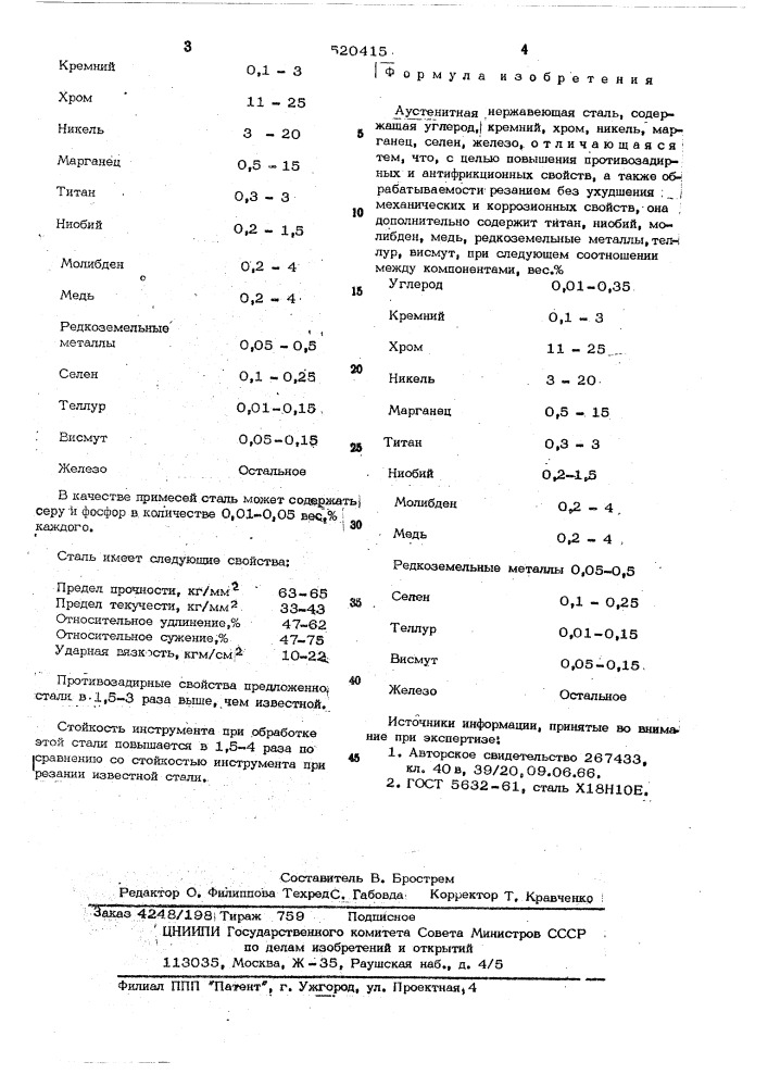 Аустенитная нержавеющая сталь (патент 520415)