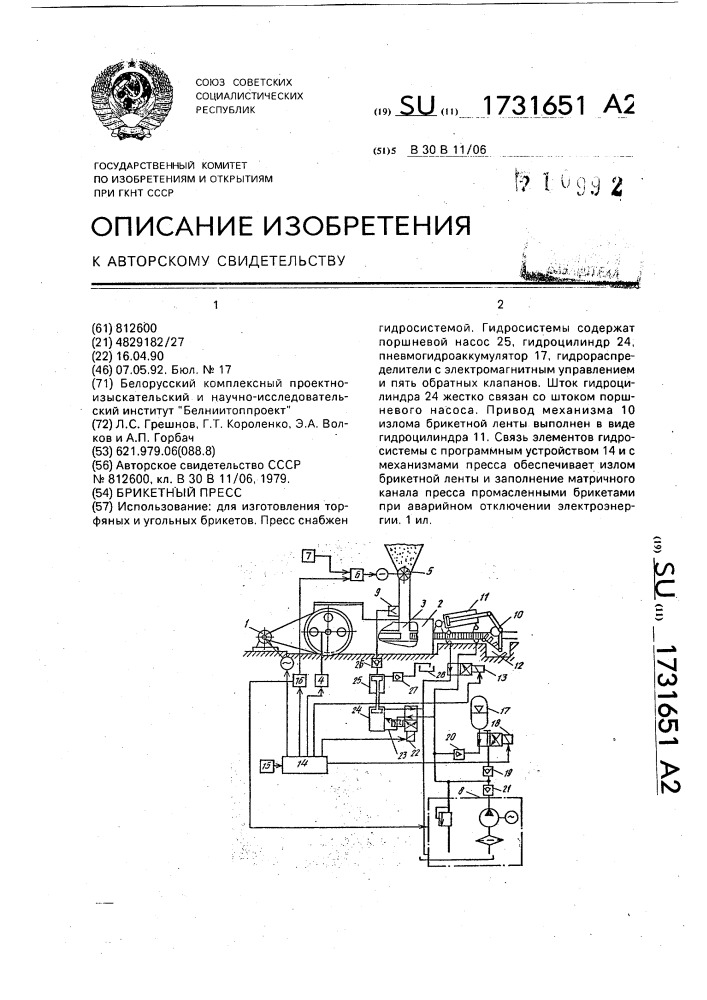 Брикетный пресс (патент 1731651)