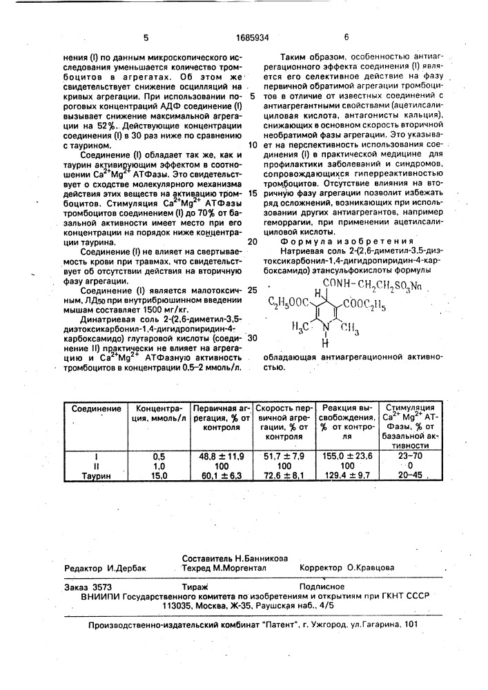 Натриевая соль 2-(2,6-диметил-3,5-диэтоксикарбонил-1,4- дигидропиридин-4-карбоксамидо)этансульфокислоты, обладающая антиагрегационной активностью (патент 1685934)