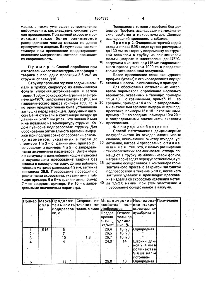 Способ изготовления длинномерных полуфабрикатов из отходов алюминиевых сплавов (патент 1804395)