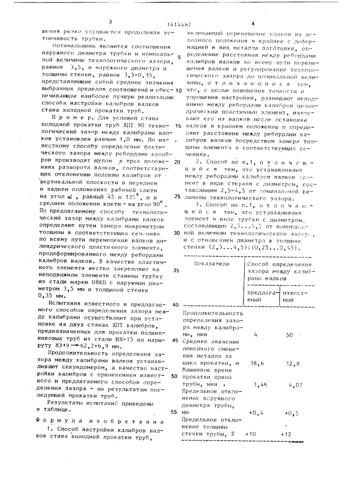 Способ настройки калибров валков стана холодной прокатки труб (патент 1414487)