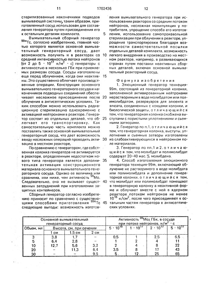 Элюционный генератор технеция-99м и способ его изготовления (патент 1702436)