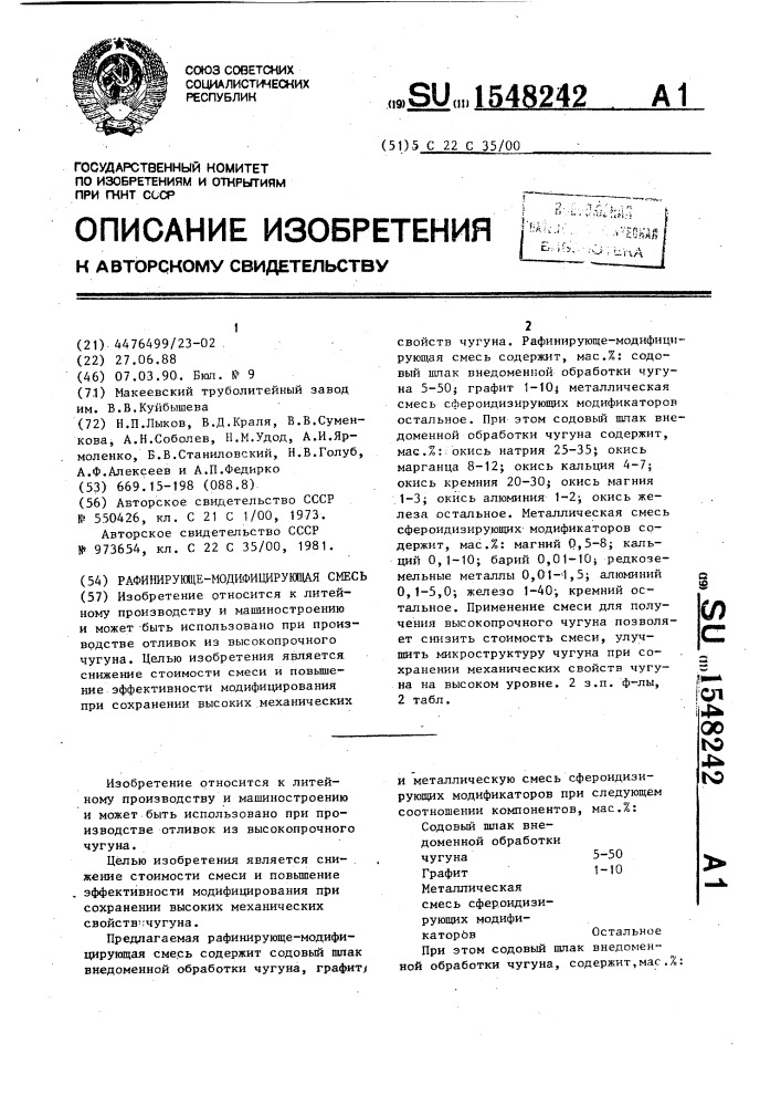 Рафинирующе-модифицирующая смесь (патент 1548242)