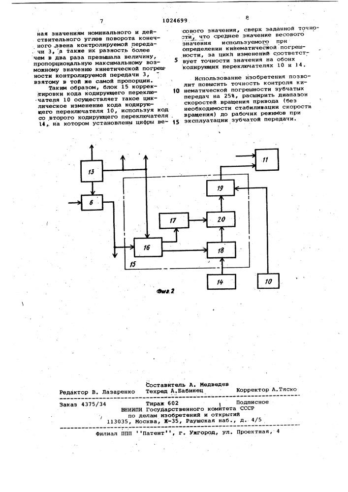 Устройство для контроля кинематической погрешности зубчатых передач (патент 1024699)