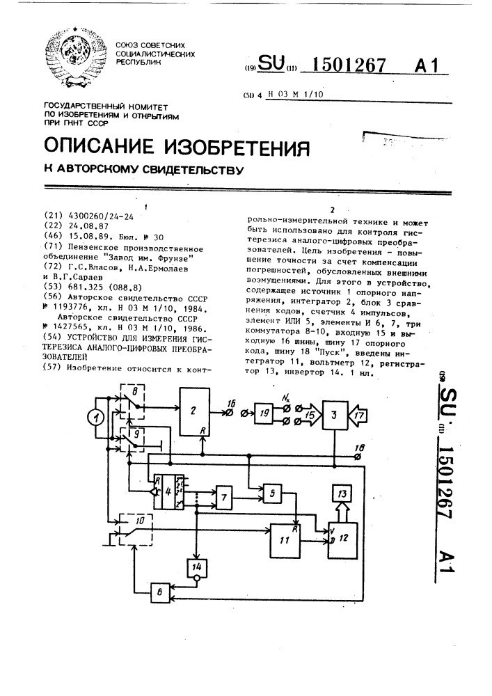 Устройство для измерения гистерезиса аналого-цифровых преобразователей (патент 1501267)