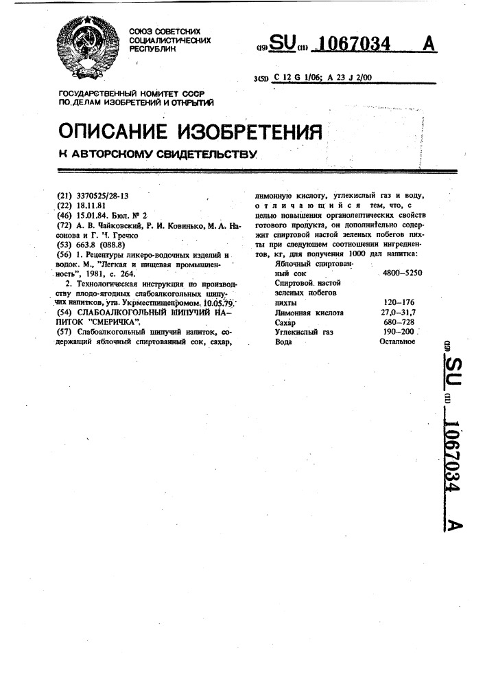 Слабоалкогольный шипучий напиток "смеричка (патент 1067034)