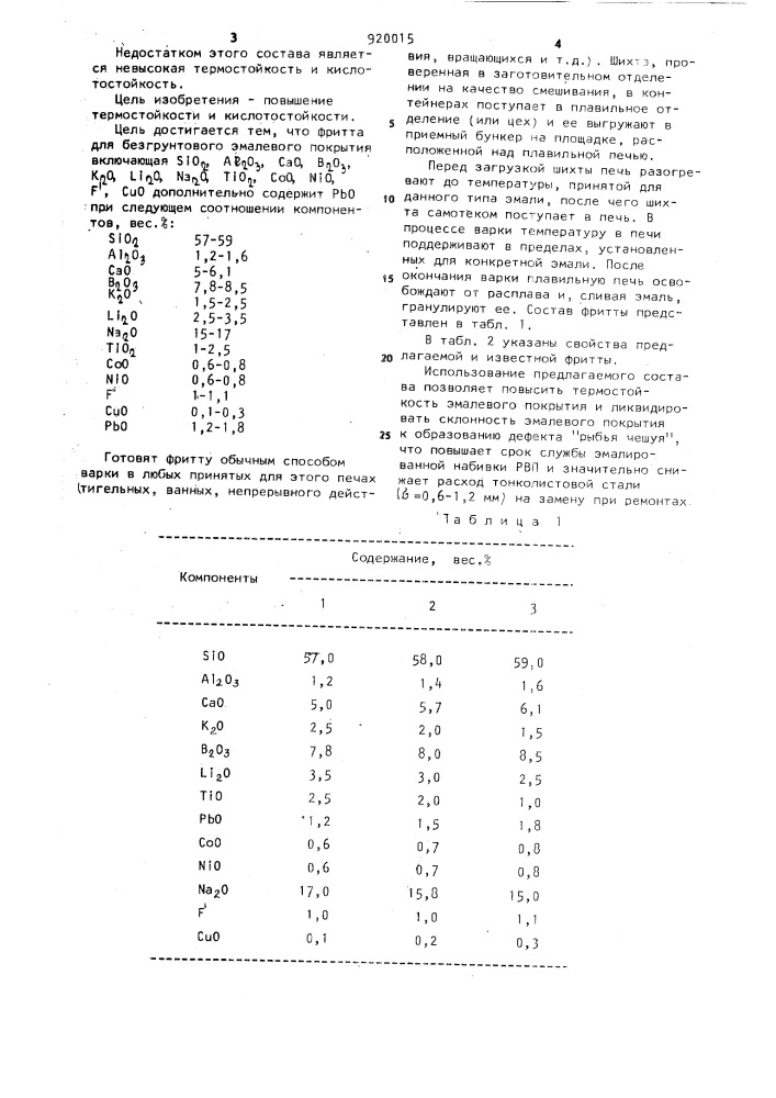 Фритта для безгрунтового эмалевого покрытия (патент 920015)