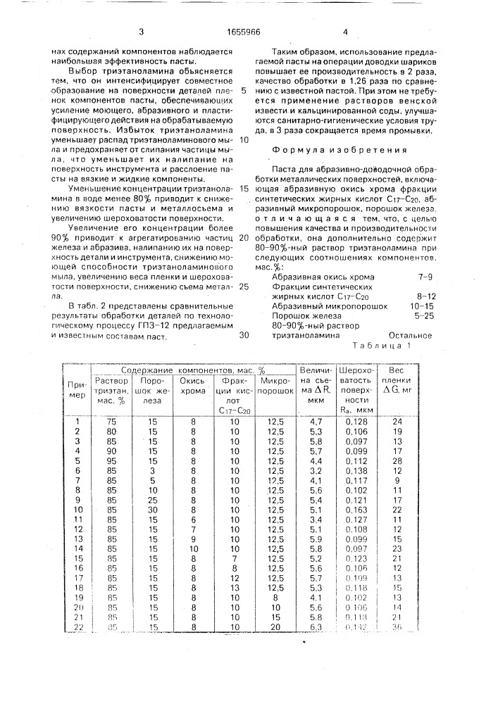 Паста для абразивно-доводочной обработки металлических поверхностей (патент 1655966)