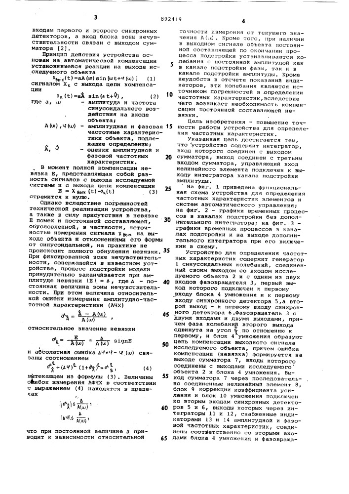 Устройство для определения частотных характеристик систем автоматического управления (патент 892419)