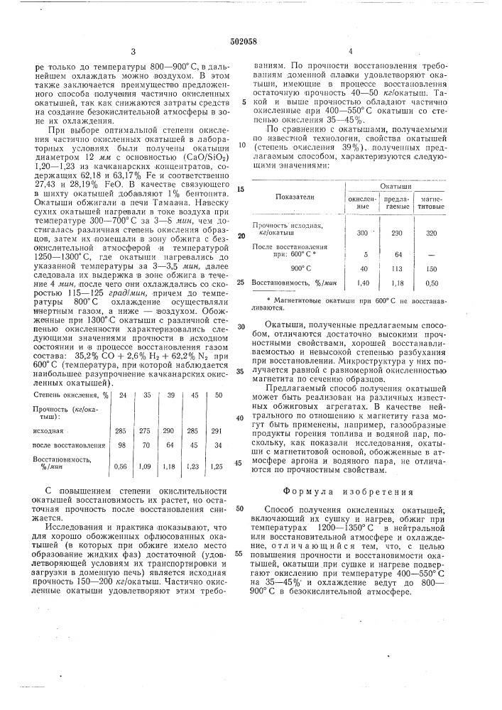 Способ получения окисленных окатышей (патент 502058)