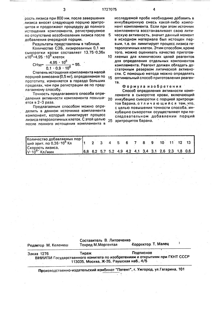 Способ определения активности комплемента (патент 1727075)