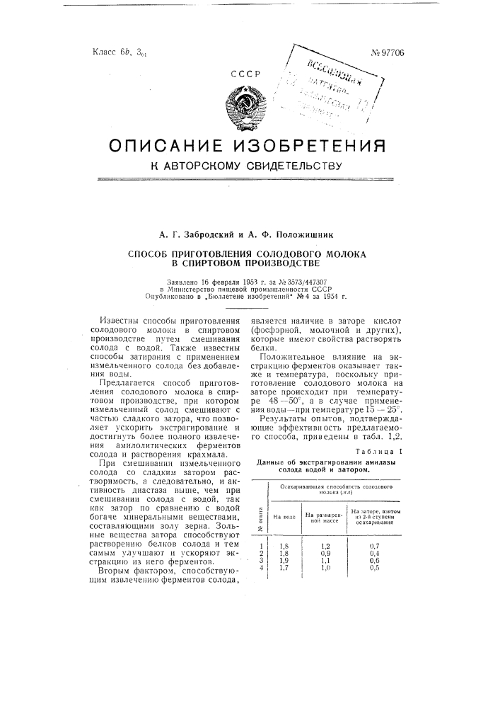 Способ приготовления солодового молок а в спиртовом производстве (патент 97706)