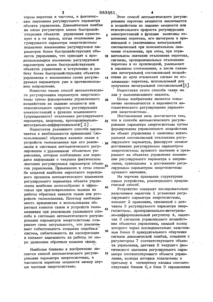 Способ автоматического регулирования параметра энергосистемы (патент 983881)