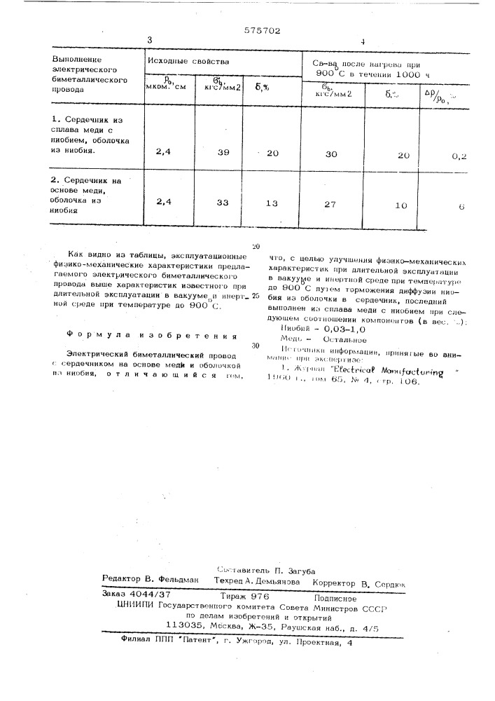 Электрический биметаллический провод (патент 575702)