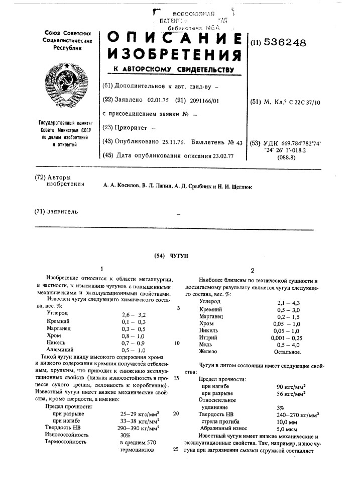 Чугун (патент 536248)