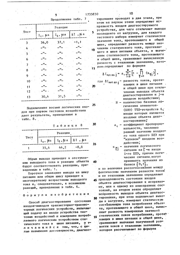 Способ диагностирования состояния входов-выходов транзисторно-транзисторных логических устройств (патент 1735850)