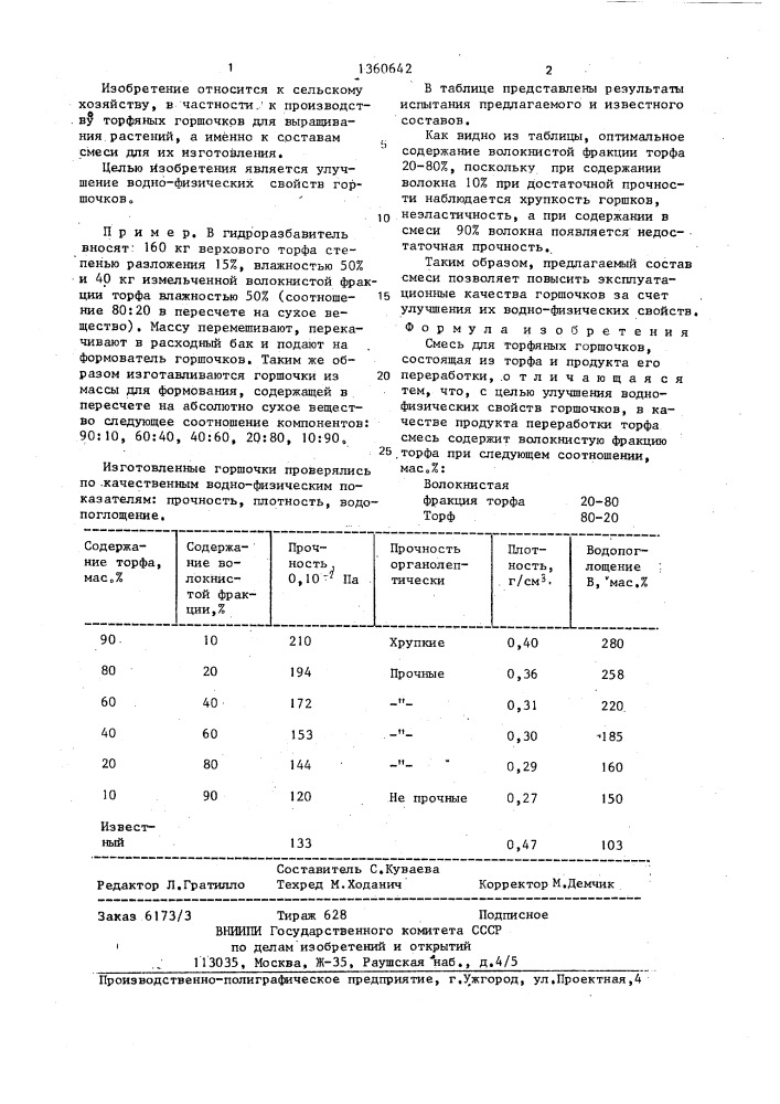 Смесь для торфяных горшочков (патент 1360642)