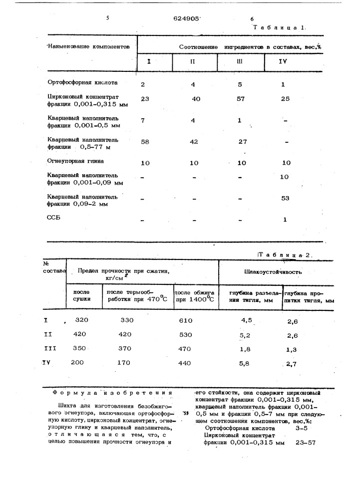 Шихта для изготовления безобжиговых огнеупоров (патент 624905)