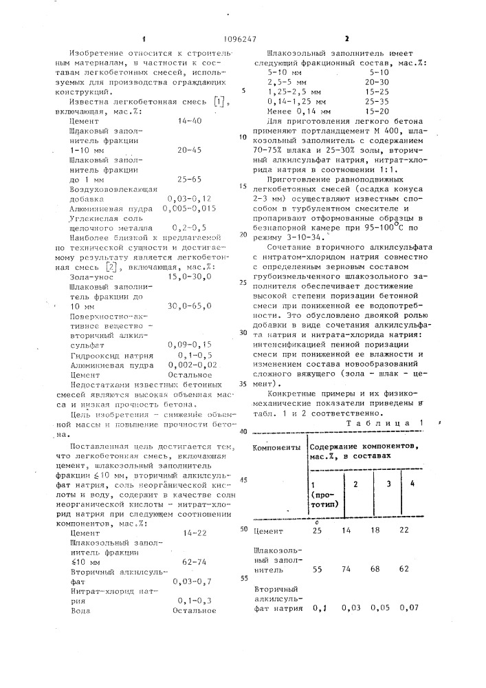 Легкобетонная смесь (патент 1096247)