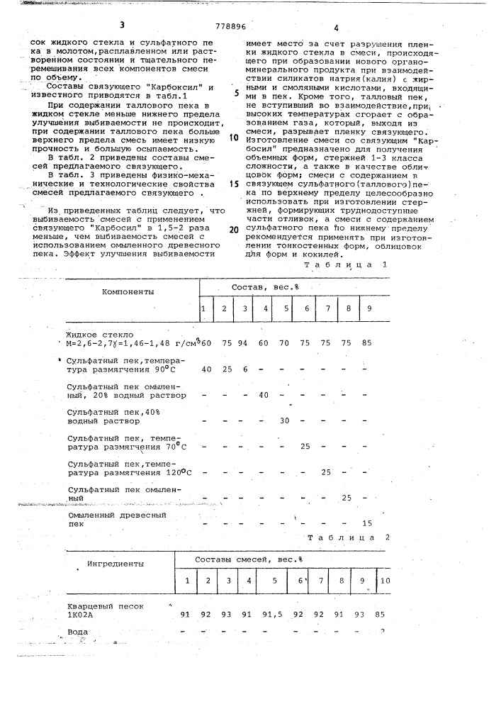 Связующее "карбосил" для изготовления формовочных и стержневых смесей" (патент 778896)