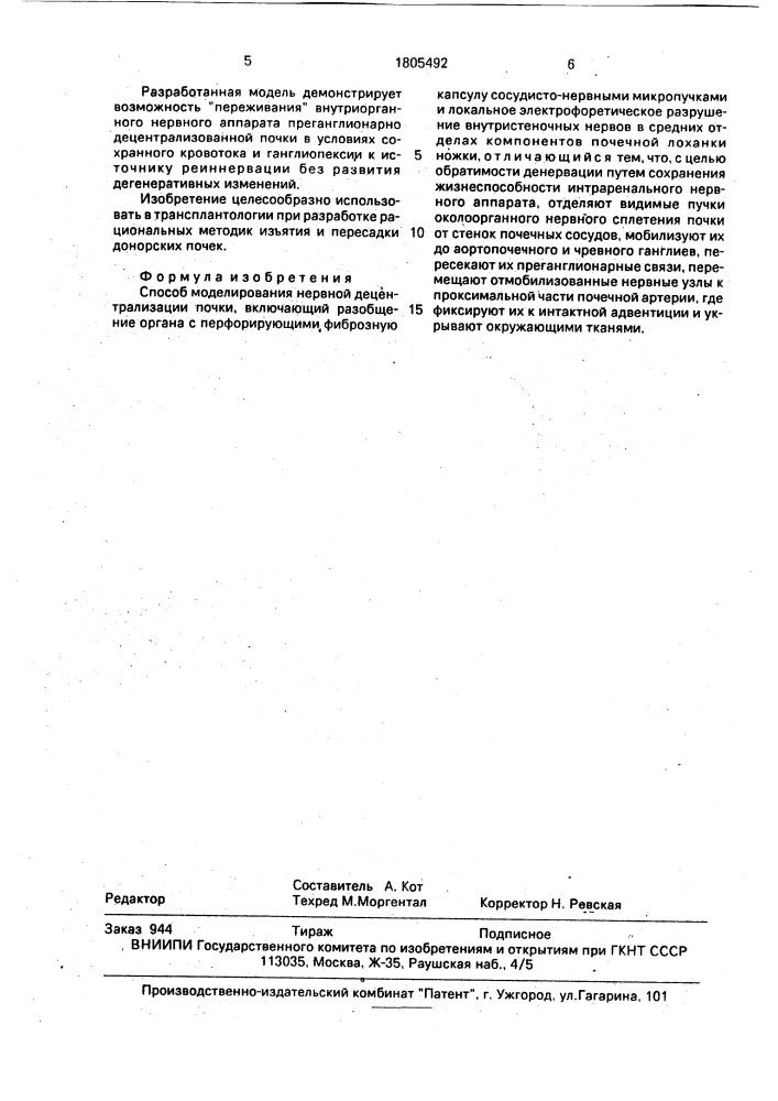 Способ моделирования нервной децентрализации почки (патент 1805492)