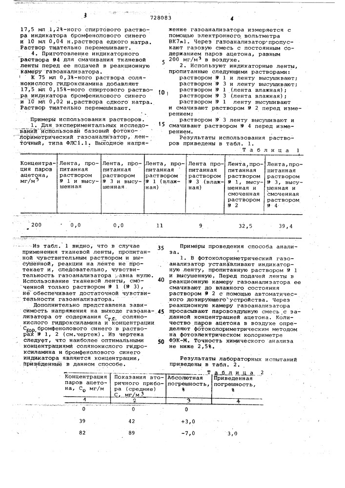 Способ определения паров ацетона в воздухе (патент 728083)