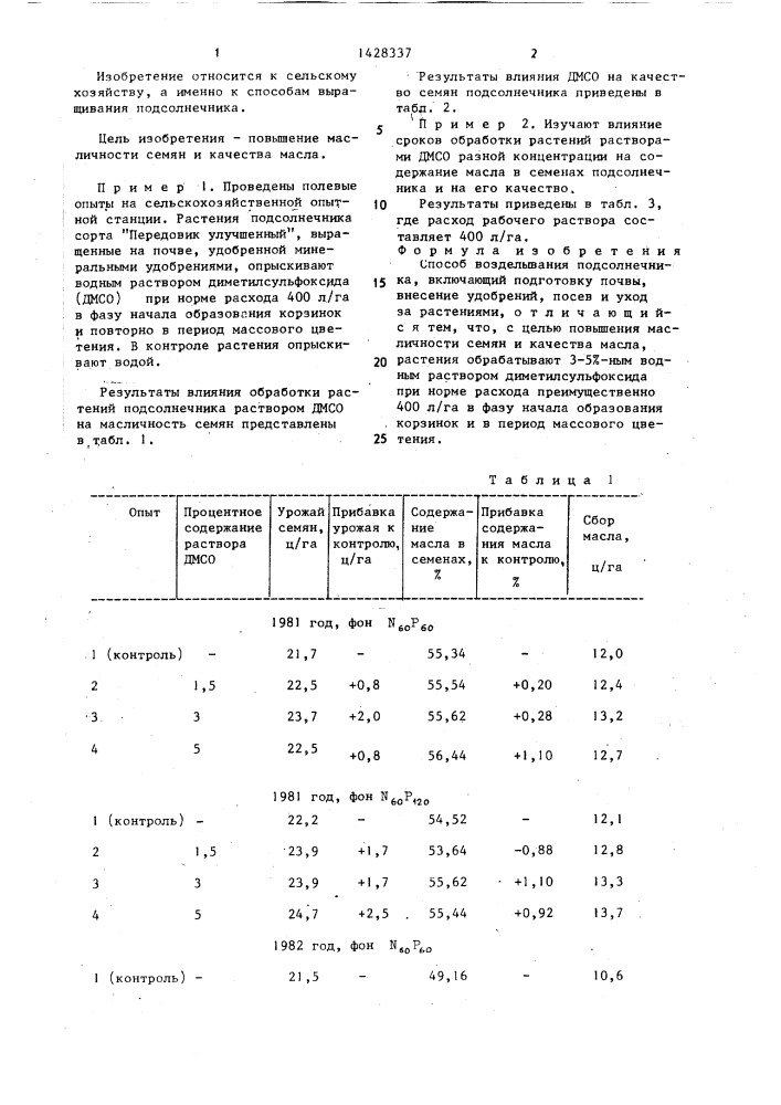 Способ возделывания подсолнечника (патент 1428337)