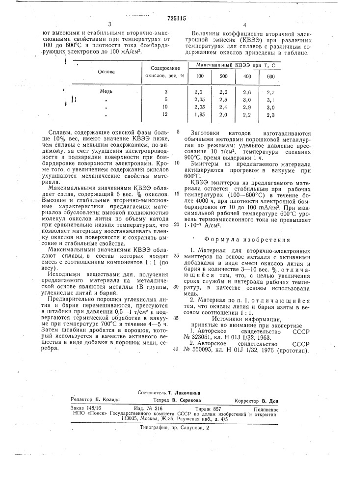 Материал для вторичноэлектронных эмиттеров (патент 725115)