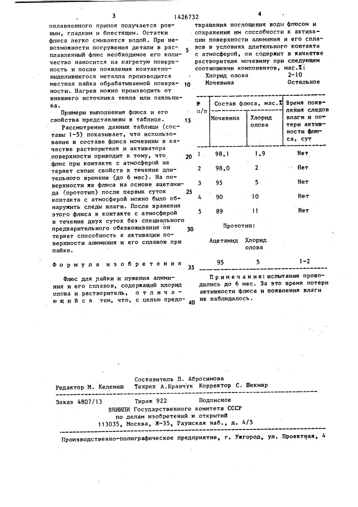 Флюс для пайки и лужения алюминия и его сплавов (патент 1426732)