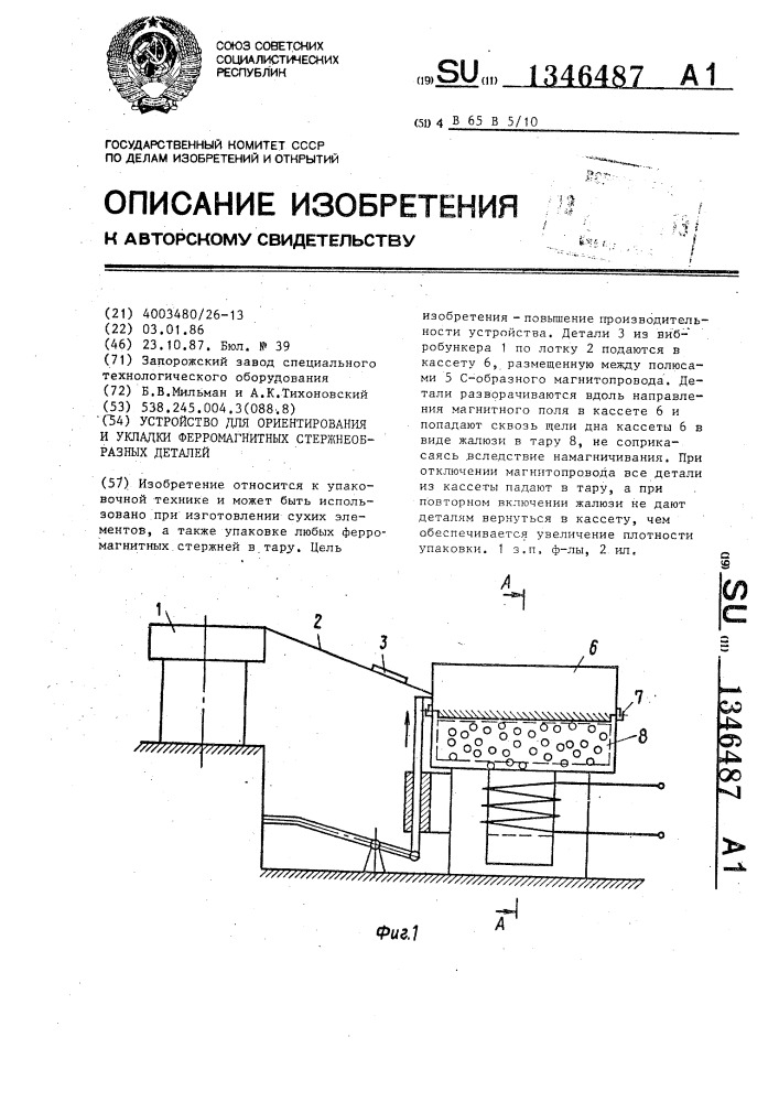 Устройство для ориентирования и укладки ферромагнитных стержнеобразных деталей (патент 1346487)