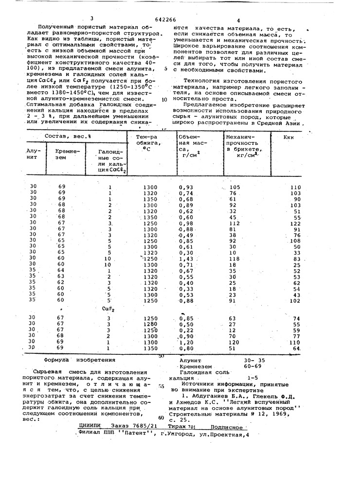 Сырьевая смесь для изготовления пористого материала (патент 642266)