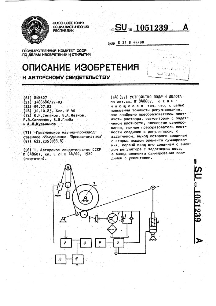 Устройство подачи долота (патент 1051239)