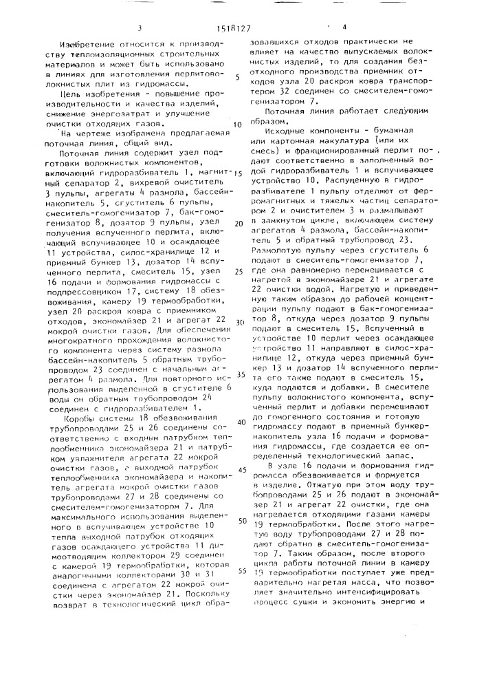 Поточная линия для изготовления перлитоволокнистых изделий (патент 1518127)