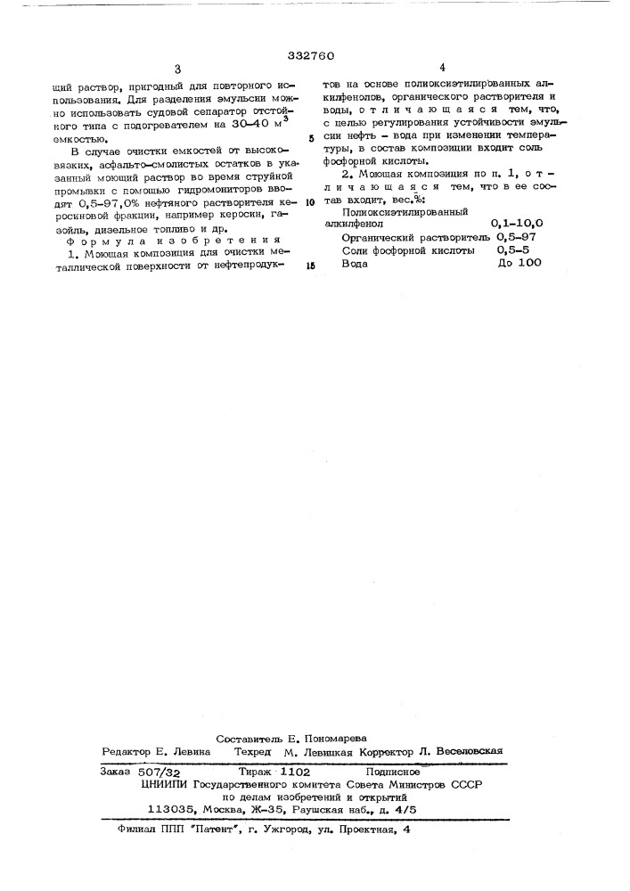 Моющая композиция для очистки металлической поверхности от нефтепродуктов (патент 332760)