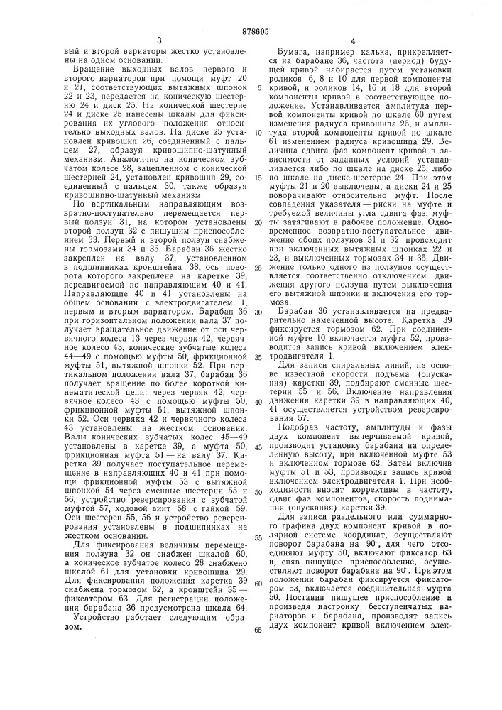 Устройство для вычерчивания гармонических кривых (патент 878605)