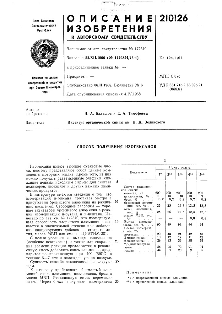 Способ получения изогексанов (патент 210126)